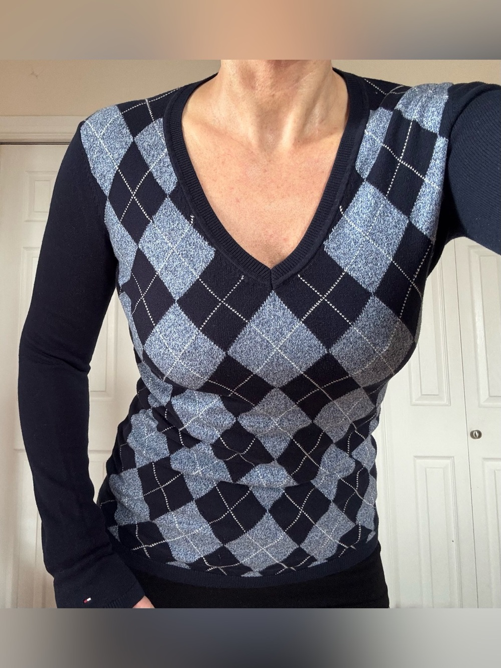Tommy Hilfiger Navy and Light Blue Argyle V-Neck Sweater